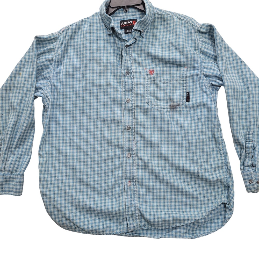 Ariat FR Work Shirt Mens XL Blue Plaid Flame Resistant CAT 2 Button Down Shirt